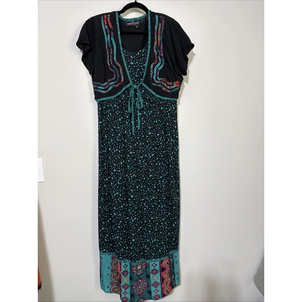 Vtg CAROLE LITTLE Dress Womens 8 Maxi‎ Art to Wear Faux Bolero 90s Boho Western - Picture 2 of 16